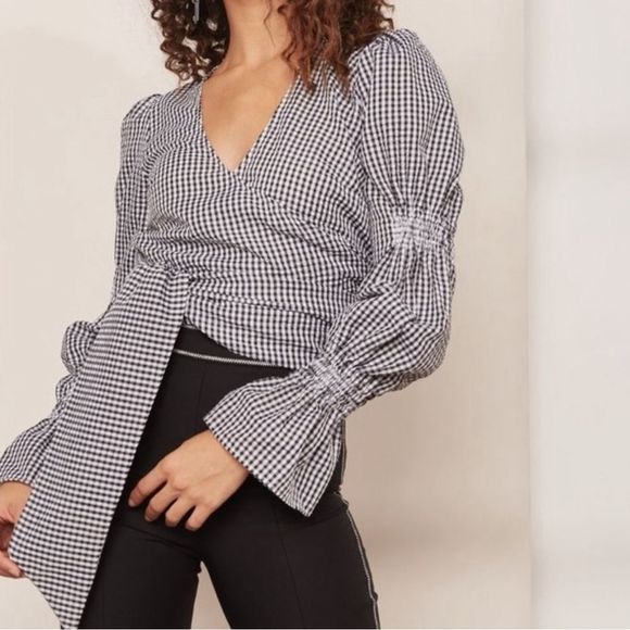 C/MEO Collective Tops - C/MEO Collective Best Love Gingham Wrap Top Puff Long Sleeve